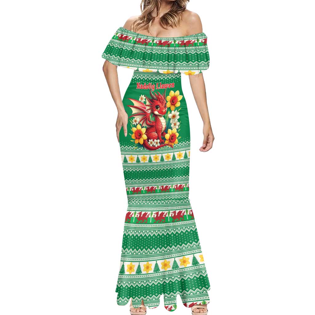 Personalized Wales Christmas Mermaid Dress Cute Red Welsh Dragon and Daffodils - Wonder Print Shop