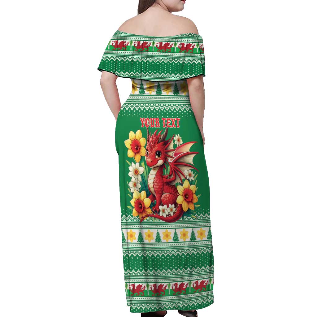 Personalized Wales Christmas Off Shoulder Maxi Dress Cute Red Welsh Dragon and Daffodils - Wonder Print Shop