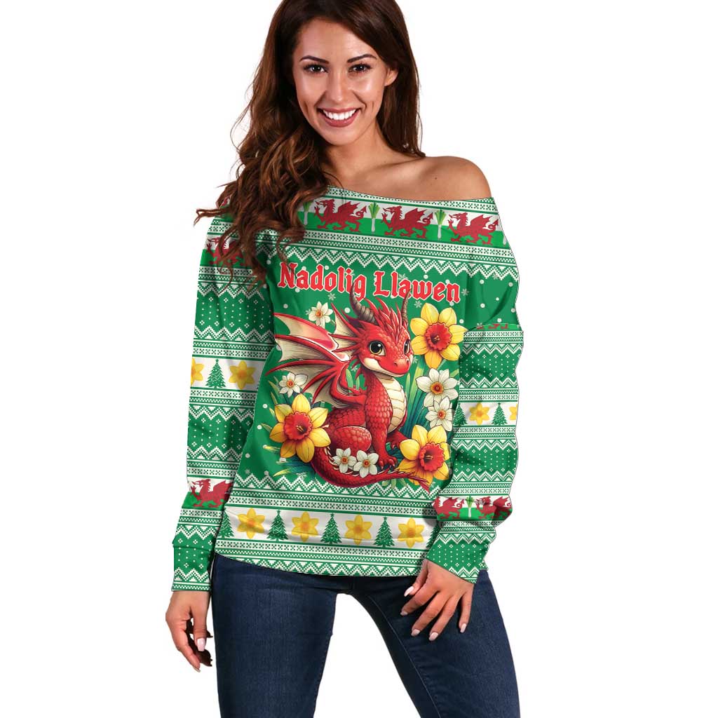 Personalized Wales Christmas Off Shoulder Sweater Cute Red Welsh Dragon and Daffodils - Wonder Print Shop