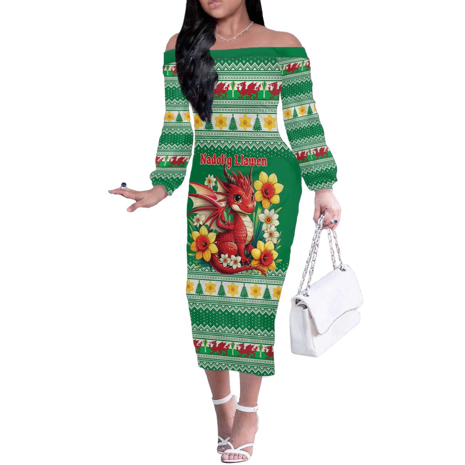 Personalized Wales Christmas Off The Shoulder Long Sleeve Dress Cute Red Welsh Dragon and Daffodils - Wonder Print Shop