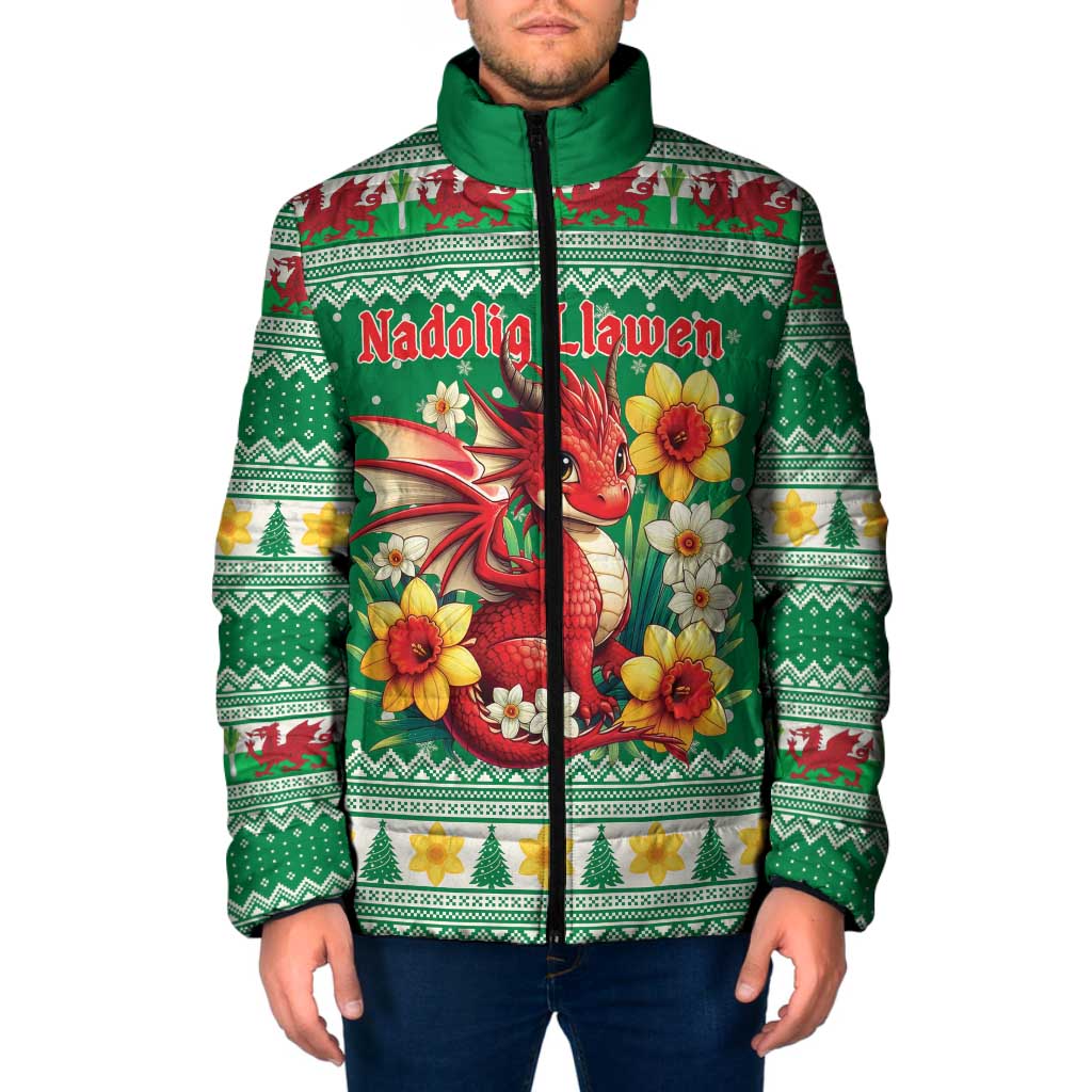 Personalized Wales Christmas Padded Jacket Cute Red Welsh Dragon and Daffodils - Wonder Print Shop