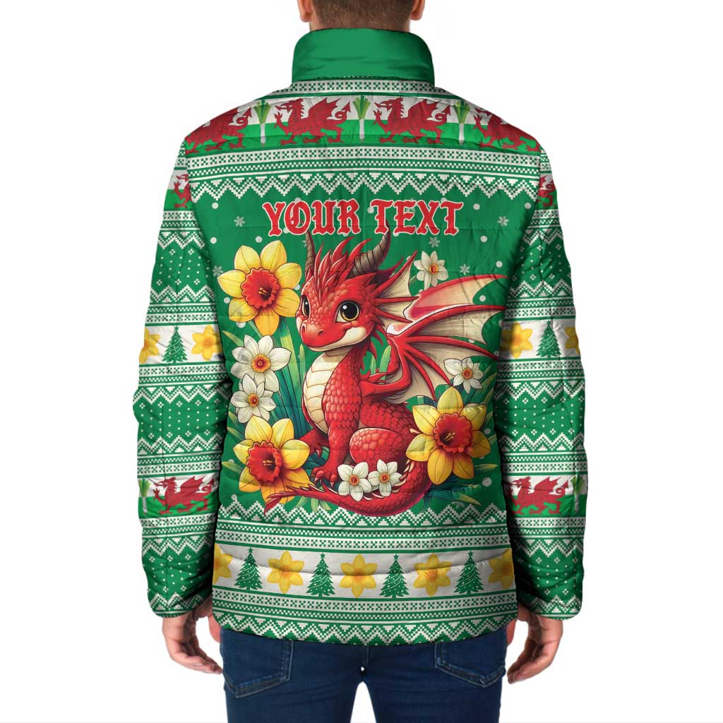 Personalized Wales Christmas Padded Jacket Cute Red Welsh Dragon and Daffodils - Wonder Print Shop