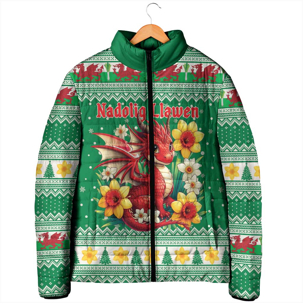 Personalized Wales Christmas Padded Jacket Cute Red Welsh Dragon and Daffodils - Wonder Print Shop
