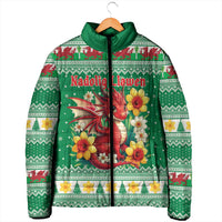 Personalized Wales Christmas Padded Jacket Cute Red Welsh Dragon and Daffodils - Wonder Print Shop