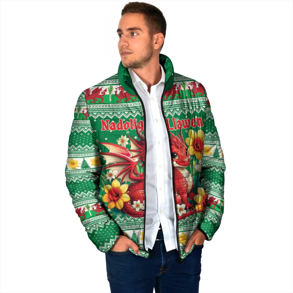 Personalized Wales Christmas Padded Jacket Cute Red Welsh Dragon and Daffodils - Wonder Print Shop