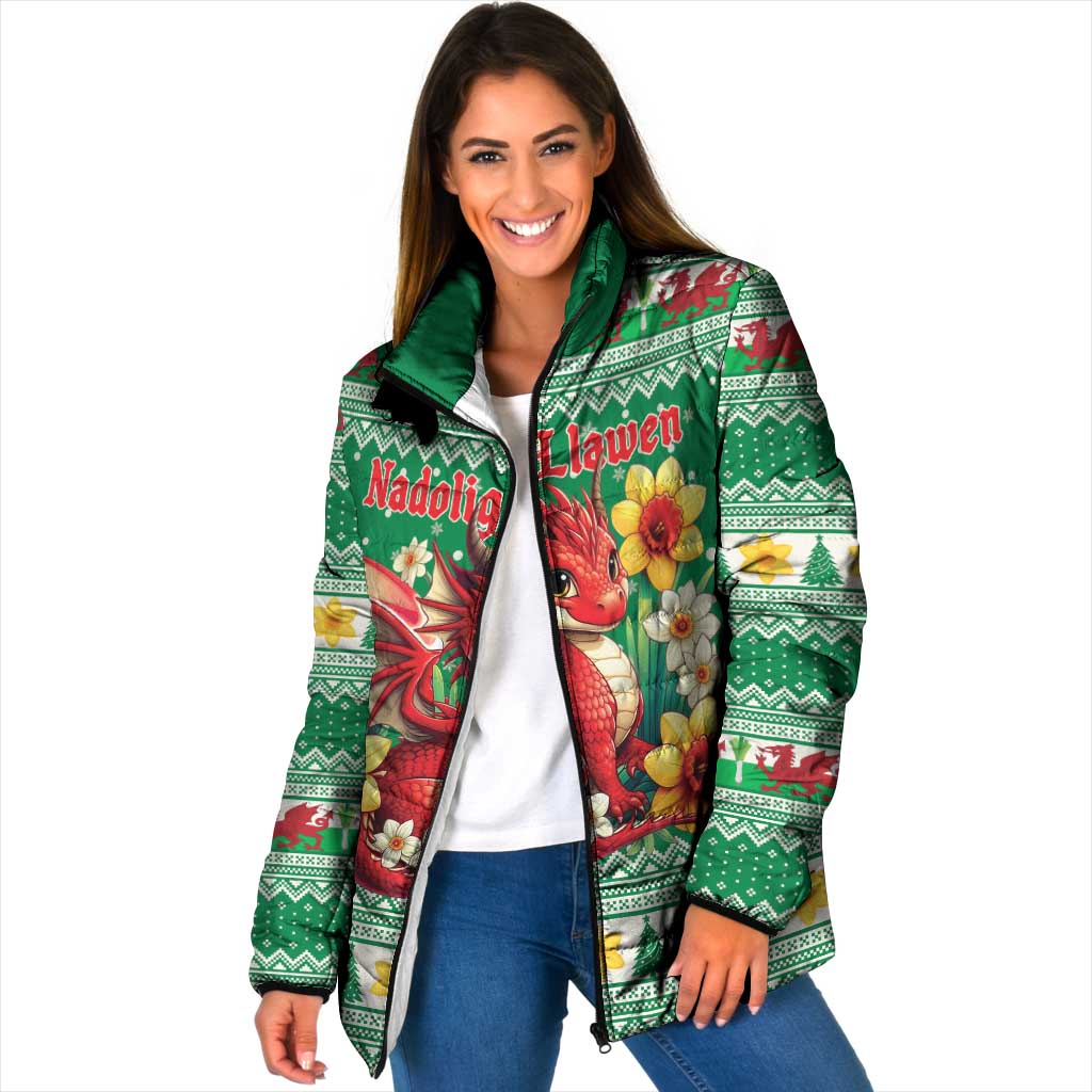 Personalized Wales Christmas Padded Jacket Cute Red Welsh Dragon and Daffodils - Wonder Print Shop