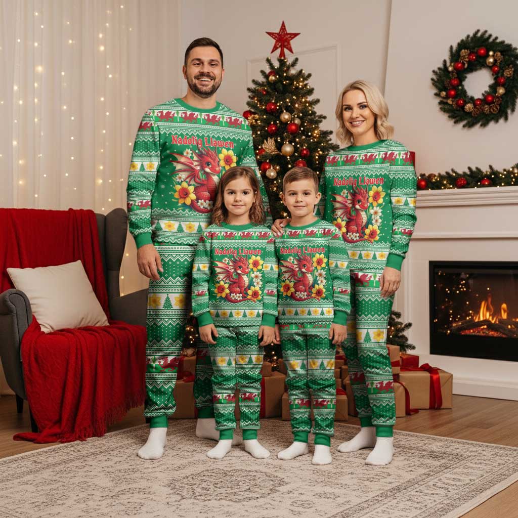 Personalized Wales Christmas Pajama Set Cute Red Welsh Dragon and Daffodils - Wonder Print Shop