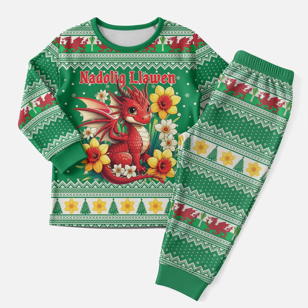 Personalized Wales Christmas Pajama Set Cute Red Welsh Dragon and Daffodils - Wonder Print Shop