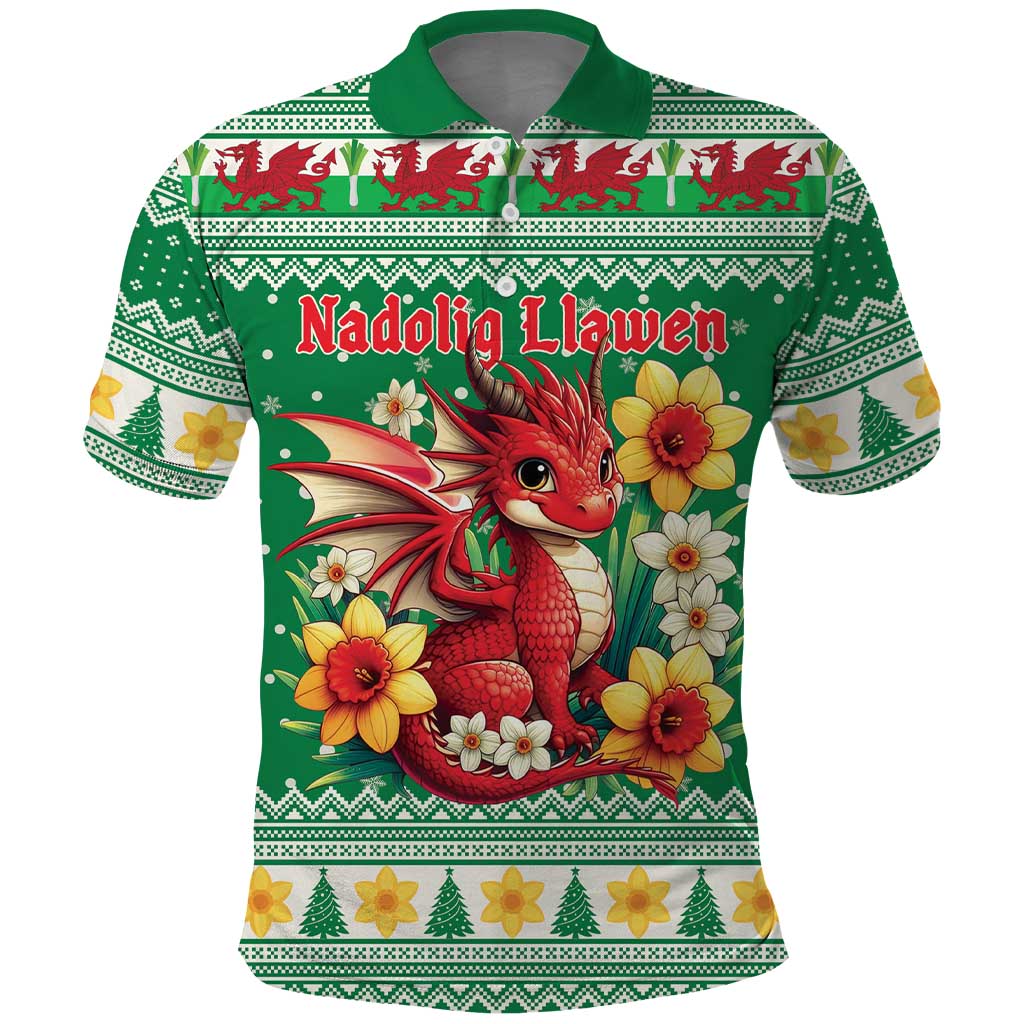Personalized Wales Christmas Polo Shirt Cute Red Welsh Dragon and Daffodils - Wonder Print Shop