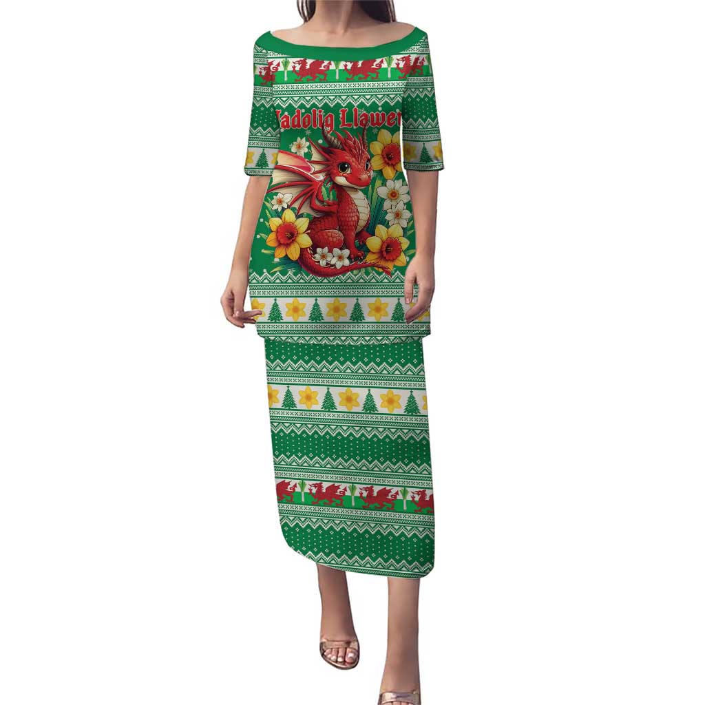 Personalized Wales Christmas Puletasi Cute Red Welsh Dragon and Daffodils - Wonder Print Shop