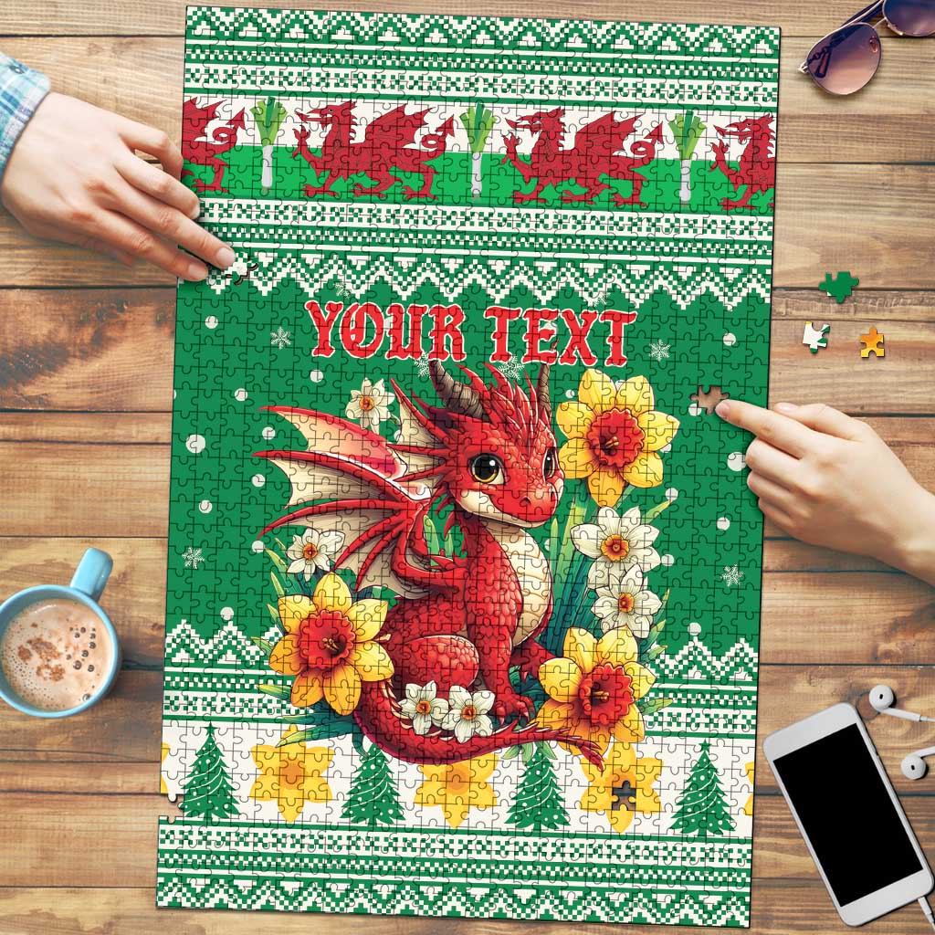 Personalized Wales Christmas Puzzle Cute Red Welsh Dragon and Daffodils - Wonder Print Shop