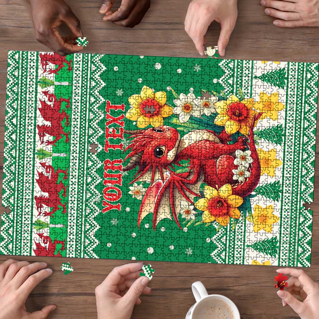 Personalized Wales Christmas Puzzle Cute Red Welsh Dragon and Daffodils - Wonder Print Shop