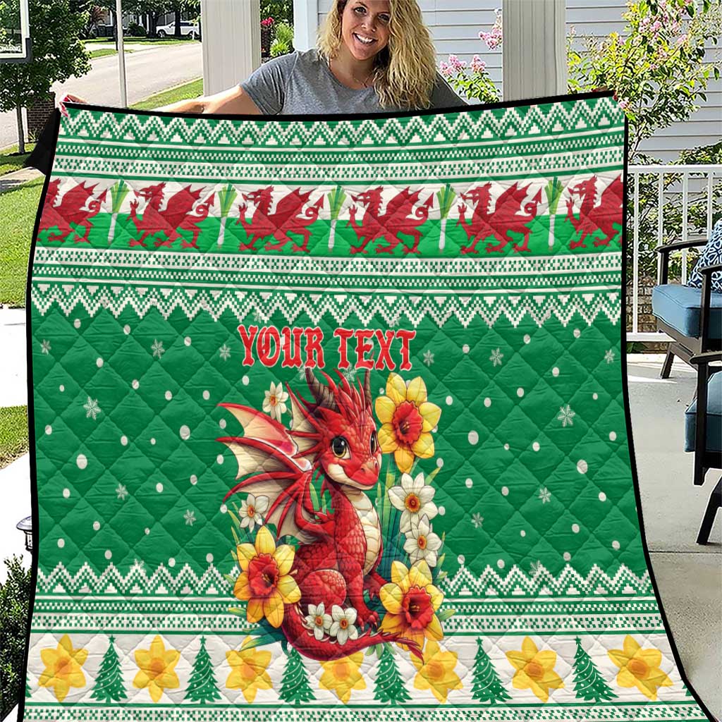 Personalized Wales Christmas Quilt Cute Red Welsh Dragon and Daffodils - Wonder Print Shop