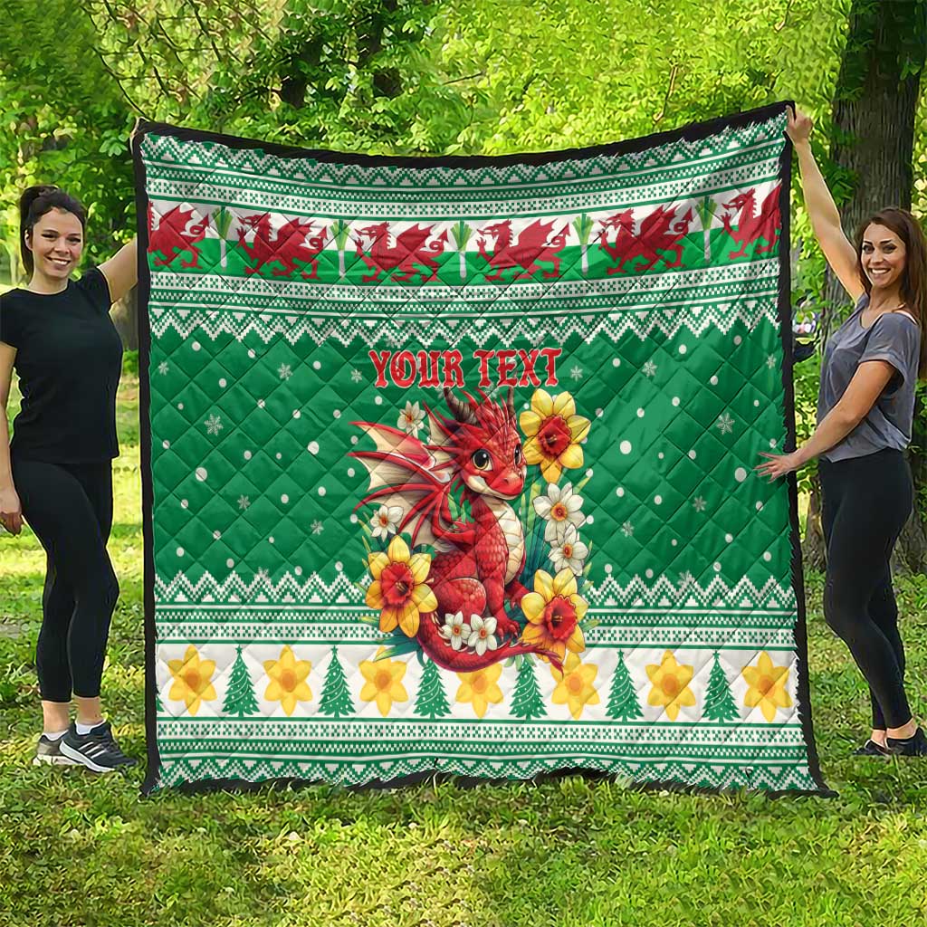 Personalized Wales Christmas Quilt Cute Red Welsh Dragon and Daffodils - Wonder Print Shop