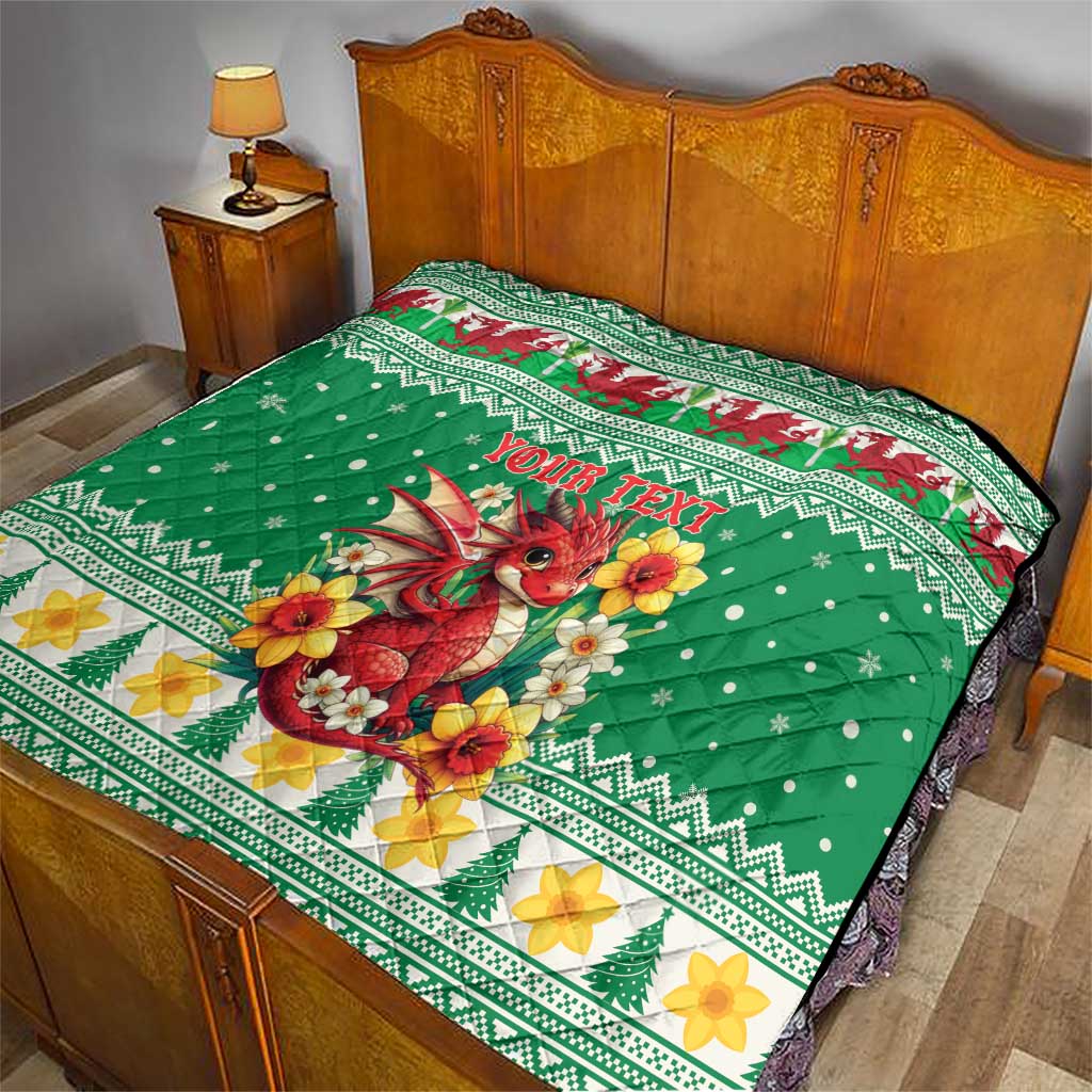 Personalized Wales Christmas Quilt Cute Red Welsh Dragon and Daffodils - Wonder Print Shop