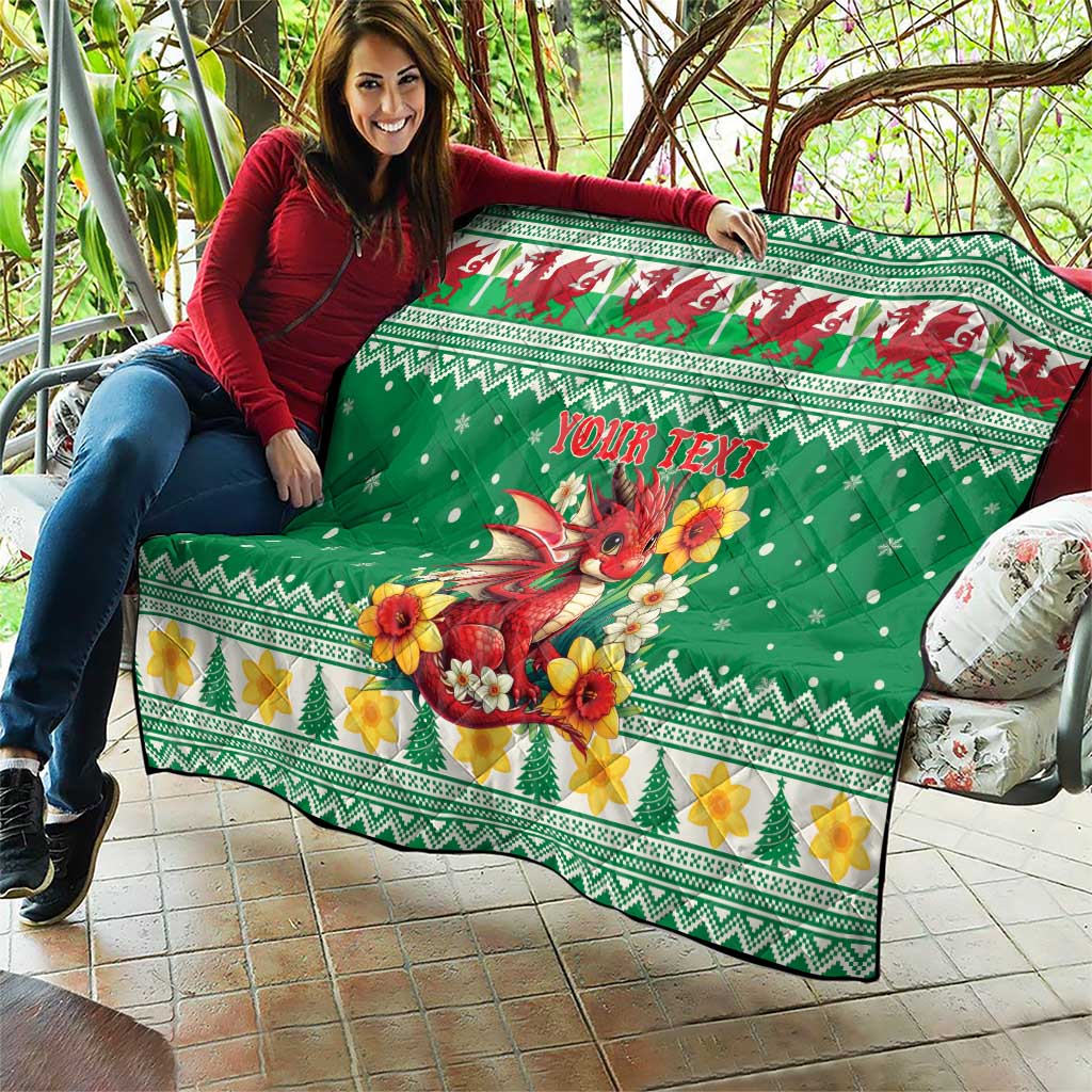 Personalized Wales Christmas Quilt Cute Red Welsh Dragon and Daffodils - Wonder Print Shop