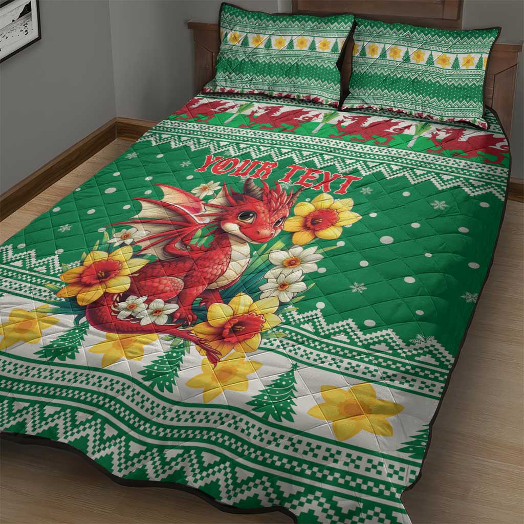 Personalized Wales Christmas Quilt Bed Set Cute Red Welsh Dragon and Daffodils - Wonder Print Shop
