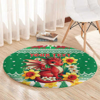 Personalized Wales Christmas Round Carpet Cute Red Welsh Dragon and Daffodils - Wonder Print Shop