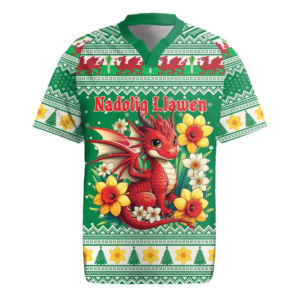 Personalized Wales Christmas Rugby Jersey Cute Red Welsh Dragon and Daffodils - Wonder Print Shop