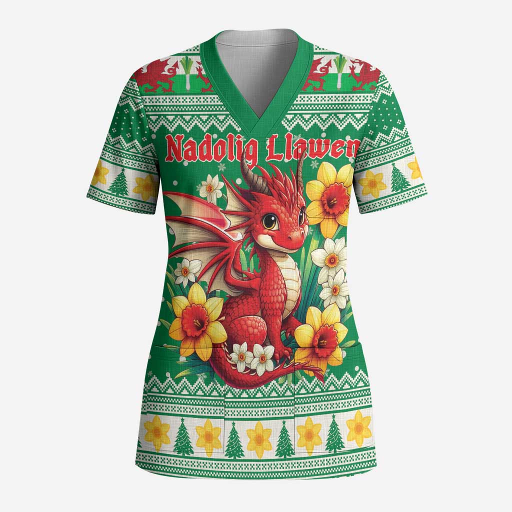 Personalized Wales Christmas Scrub Top Cute Red Welsh Dragon and Daffodils - Wonder Print Shop