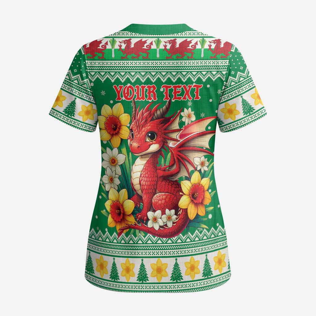 Personalized Wales Christmas Scrub Top Cute Red Welsh Dragon and Daffodils - Wonder Print Shop