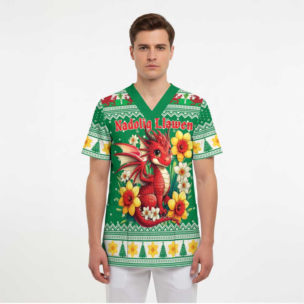 Personalized Wales Christmas Scrub Top Cute Red Welsh Dragon and Daffodils - Wonder Print Shop