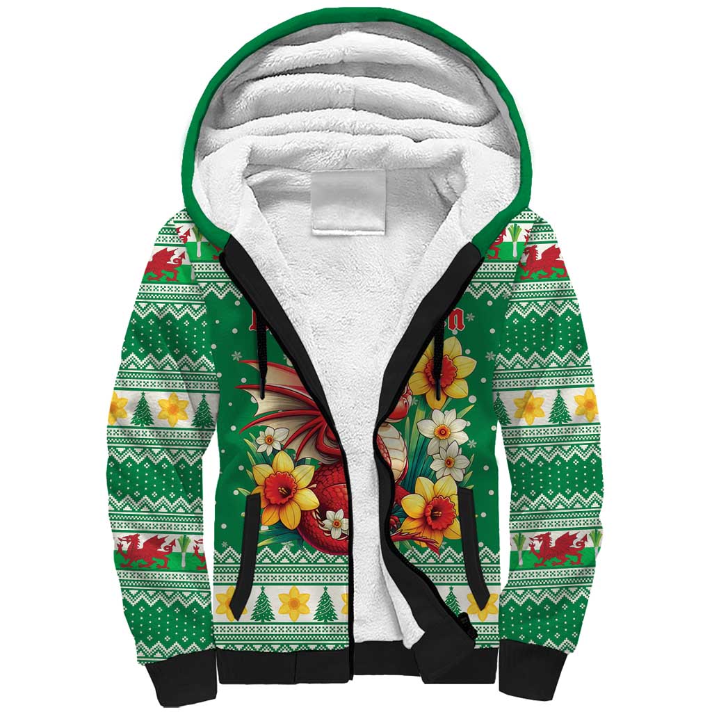 Personalized Wales Christmas Sherpa Hoodie Cute Red Welsh Dragon and Daffodils - Wonder Print Shop