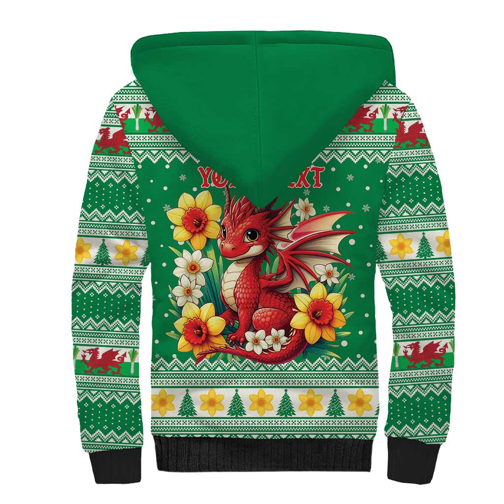 Personalized Wales Christmas Sherpa Hoodie Cute Red Welsh Dragon and Daffodils - Wonder Print Shop