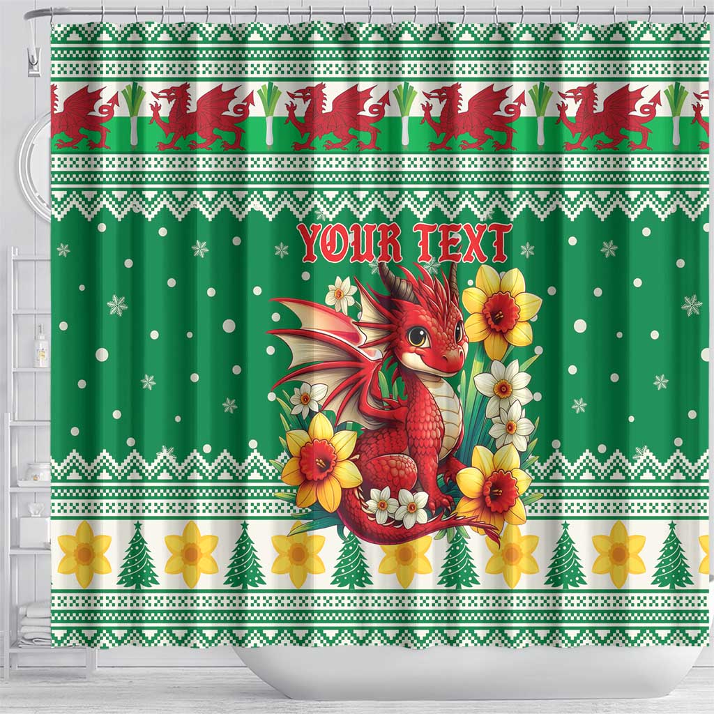 Personalized Wales Christmas Shower Curtain Cute Red Welsh Dragon and Daffodils - Wonder Print Shop