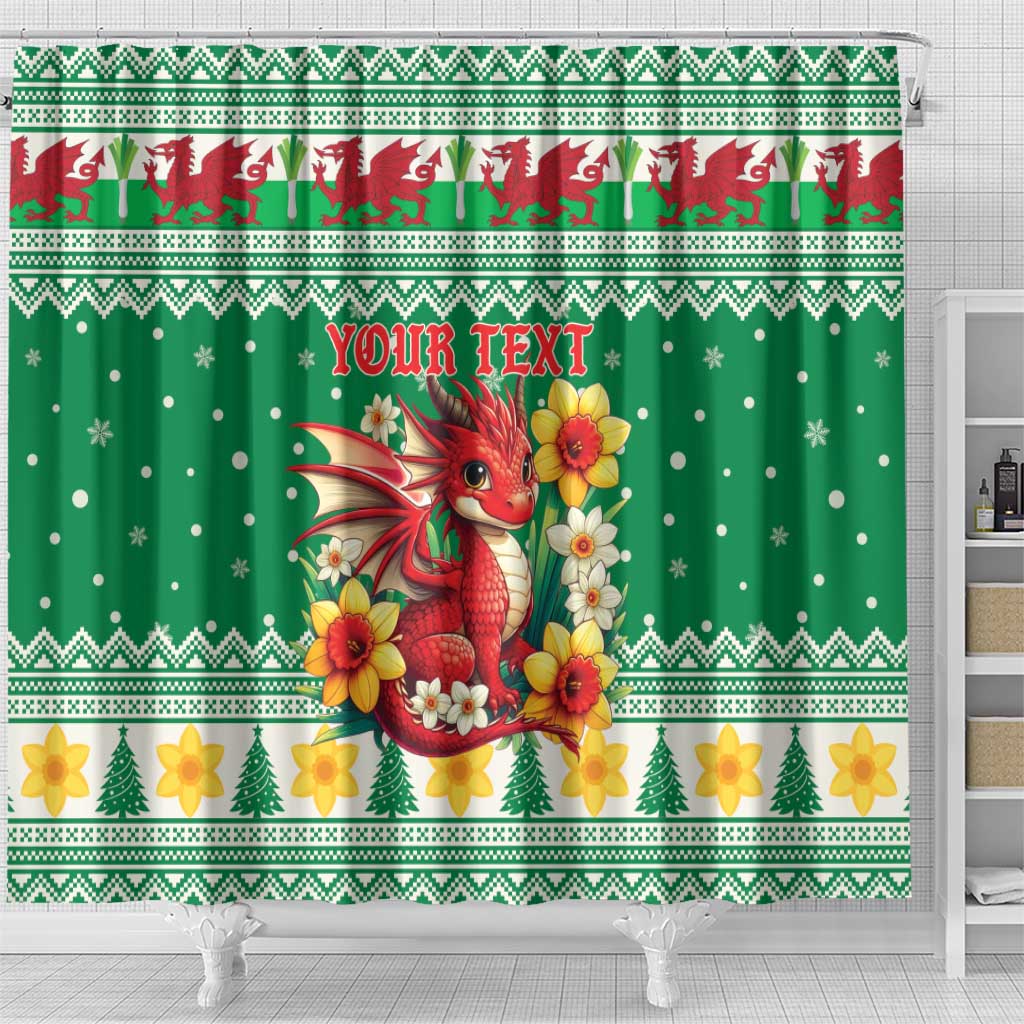 Personalized Wales Christmas Shower Curtain Cute Red Welsh Dragon and Daffodils - Wonder Print Shop
