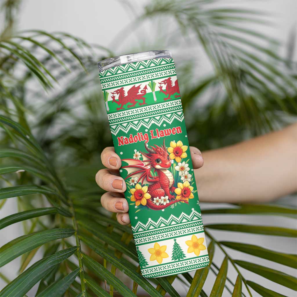 Personalized Wales Christmas Skinny Tumbler Cute Red Welsh Dragon and Daffodils - Wonder Print Shop