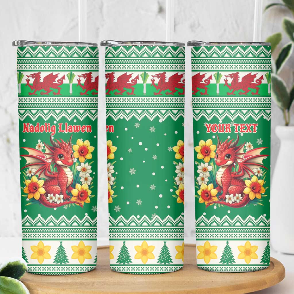Personalized Wales Christmas Skinny Tumbler Cute Red Welsh Dragon and Daffodils - Wonder Print Shop