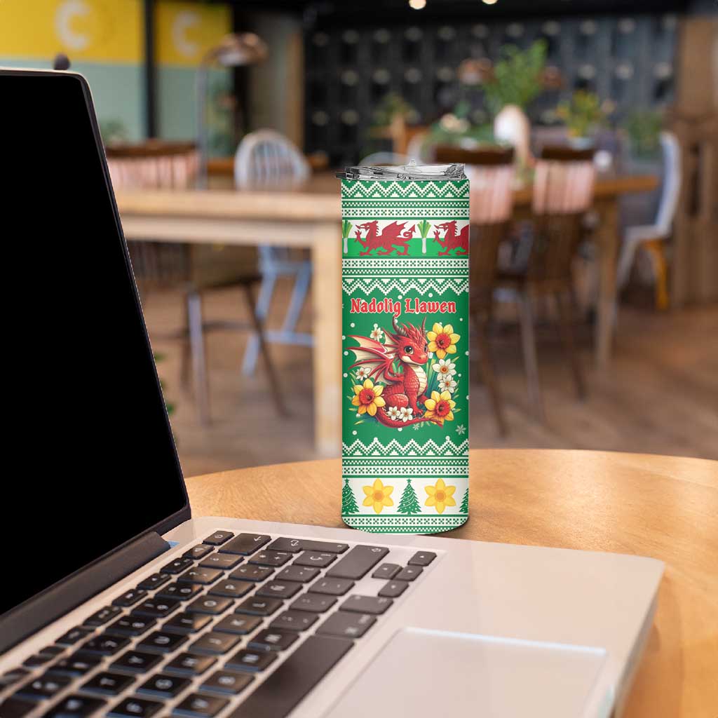 Personalized Wales Christmas Skinny Tumbler Cute Red Welsh Dragon and Daffodils - Wonder Print Shop