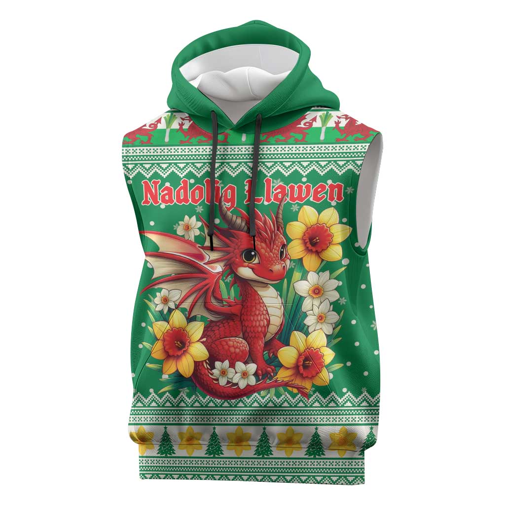 Personalized Wales Christmas Sleeveless Hoodie Cute Red Welsh Dragon and Daffodils - Wonder Print Shop