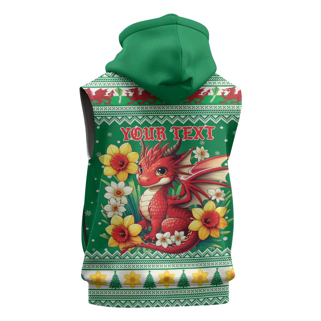 Personalized Wales Christmas Sleeveless Hoodie Cute Red Welsh Dragon and Daffodils - Wonder Print Shop