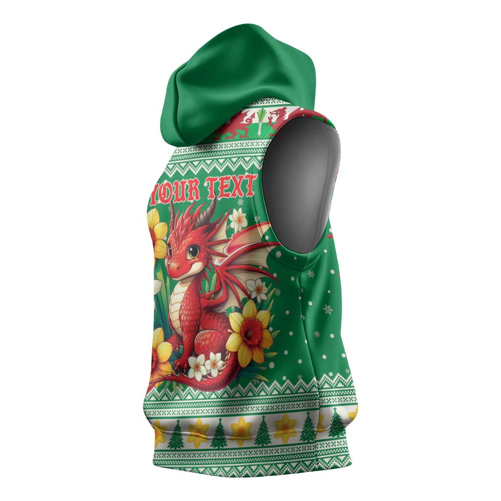 Personalized Wales Christmas Sleeveless Hoodie Cute Red Welsh Dragon and Daffodils - Wonder Print Shop