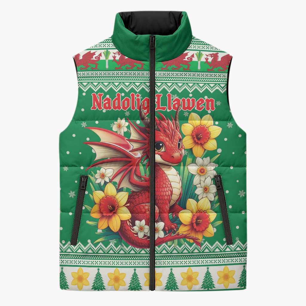 Personalized Wales Christmas Sleeveless Puffer Jacket Cute Red Welsh Dragon and Daffodils - Wonder Print Shop