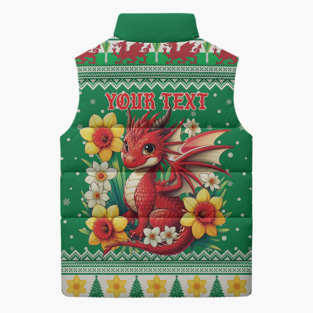 Personalized Wales Christmas Sleeveless Puffer Jacket Cute Red Welsh Dragon and Daffodils - Wonder Print Shop