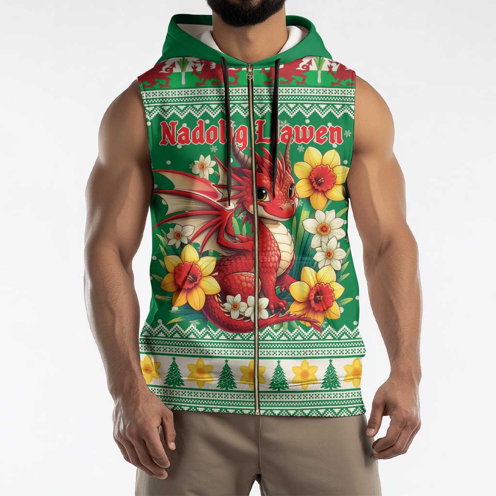Personalized Wales Christmas Sleeveless Zip Hoodie Cute Red Welsh Dragon and Daffodils - Wonder Print Shop