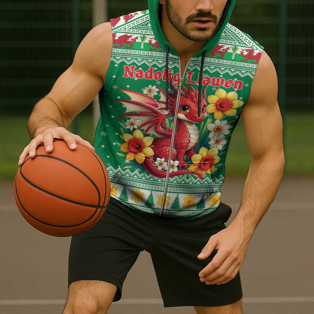 Personalized Wales Christmas Sleeveless Zip Hoodie Cute Red Welsh Dragon and Daffodils - Wonder Print Shop