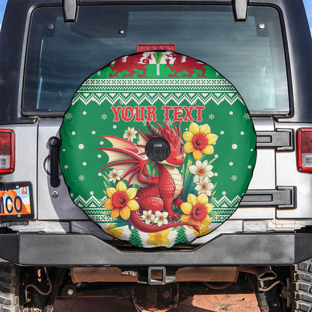 Personalized Wales Christmas Spare Tire Cover Cute Red Welsh Dragon and Daffodils - Wonder Print Shop