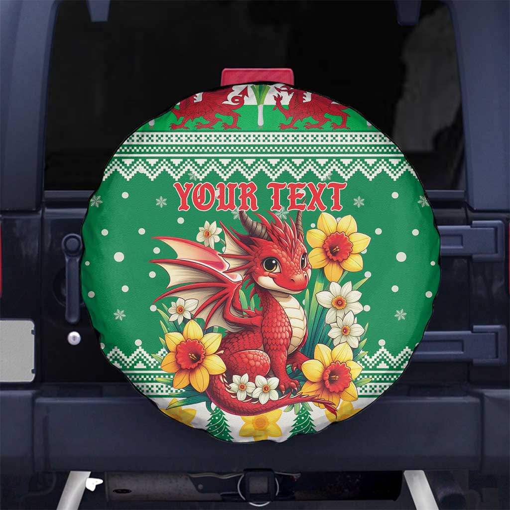 Personalized Wales Christmas Spare Tire Cover Cute Red Welsh Dragon and Daffodils - Wonder Print Shop