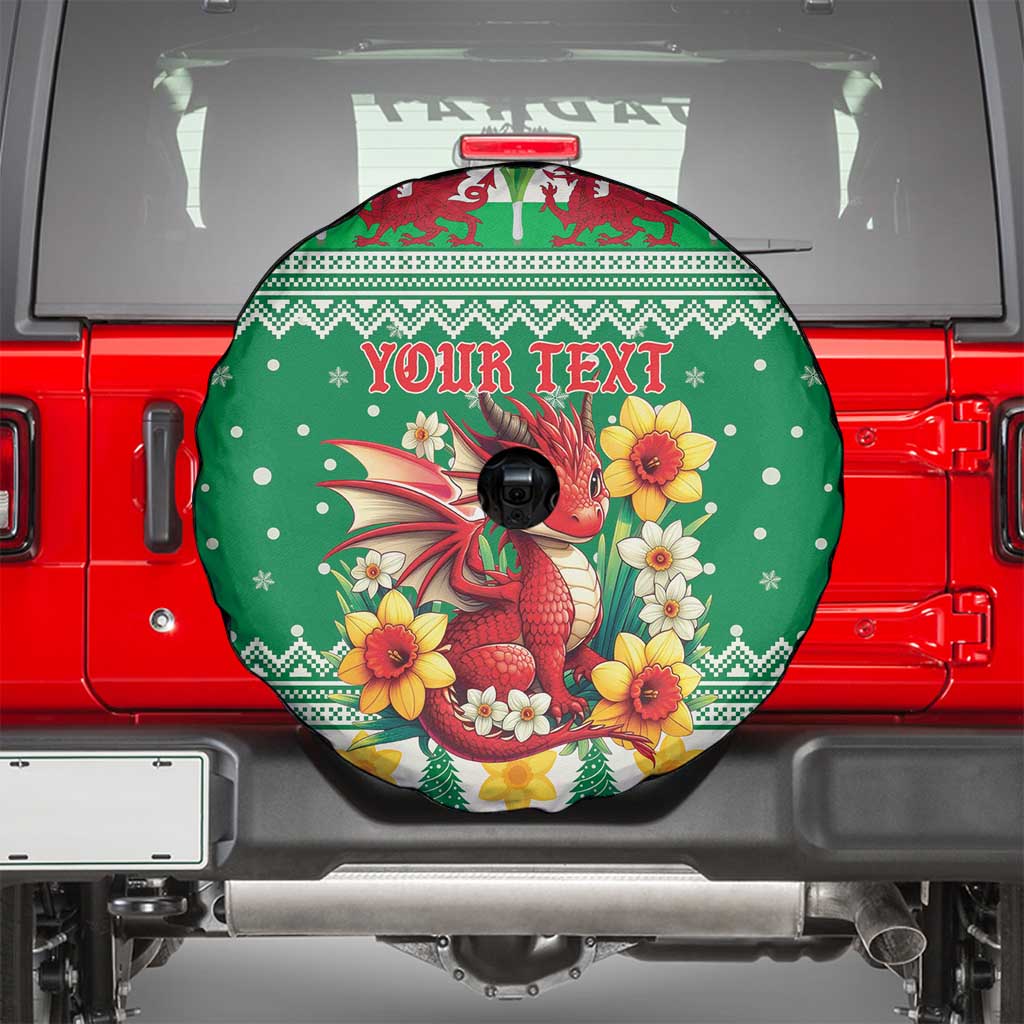 Personalized Wales Christmas Spare Tire Cover Cute Red Welsh Dragon and Daffodils - Wonder Print Shop