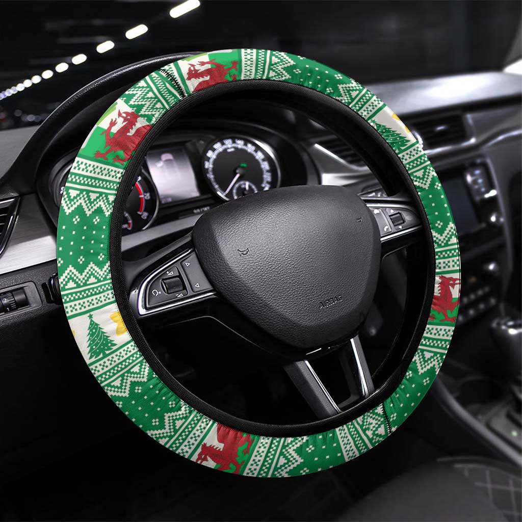 Wales Christmas Steering Wheel Cover Cute Red Welsh Dragon and Daffodils - Wonder Print Shop