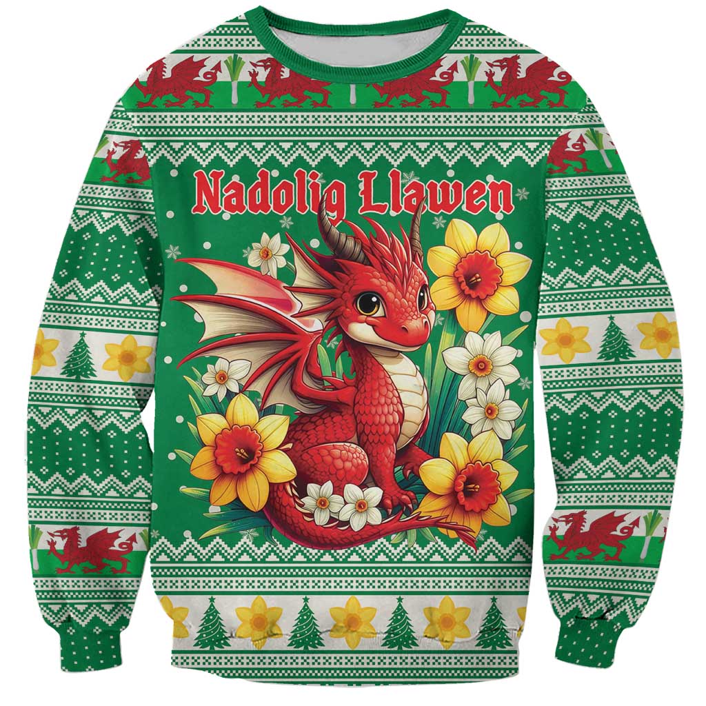 Personalized Wales Christmas Sweatshirt Cute Red Welsh Dragon and Daffodils - Wonder Print Shop