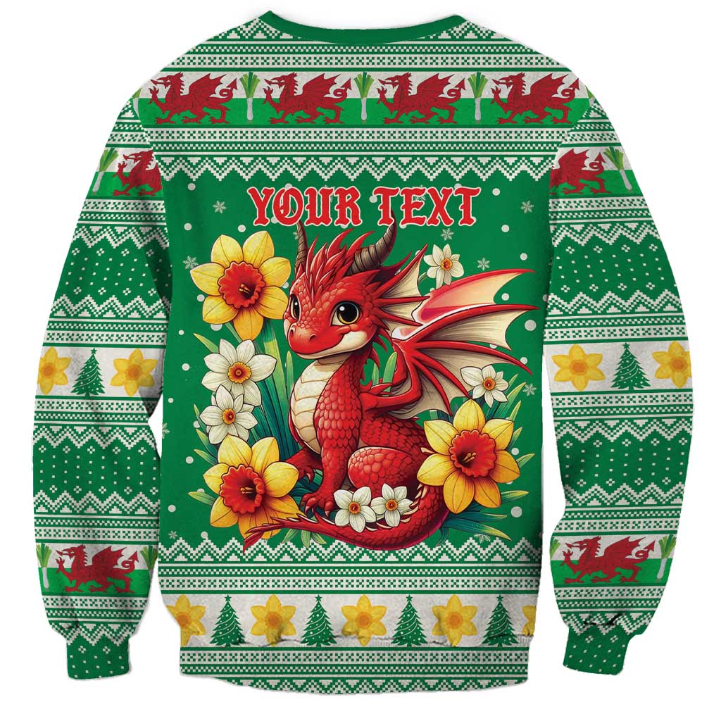 Personalized Wales Christmas Sweatshirt Cute Red Welsh Dragon and Daffodils - Wonder Print Shop