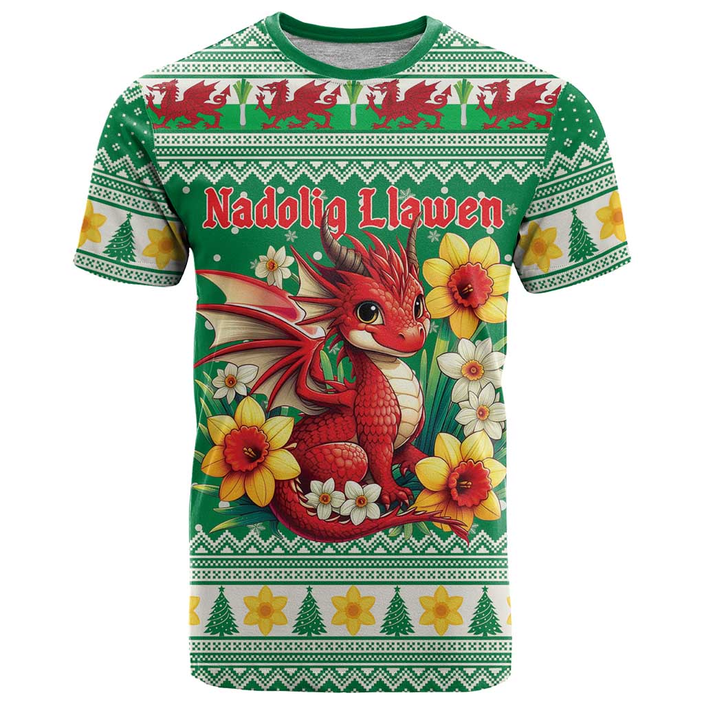 Personalized Wales Christmas T Shirt Cute Red Welsh Dragon and Daffodils - Wonder Print Shop