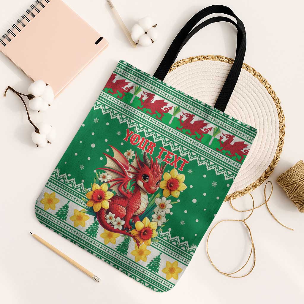 Personalized Wales Christmas Tote Bag Cute Red Welsh Dragon and Daffodils - Wonder Print Shop