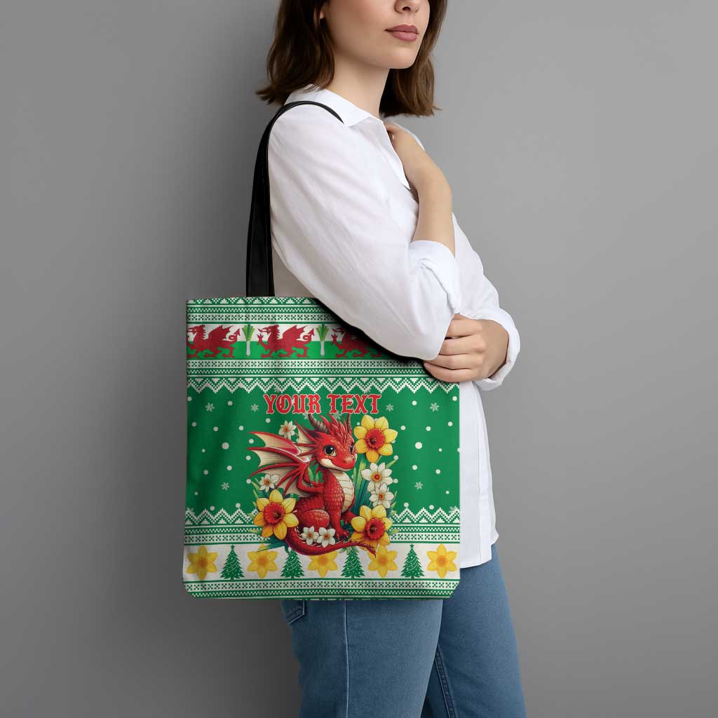 Personalized Wales Christmas Tote Bag Cute Red Welsh Dragon and Daffodils - Wonder Print Shop