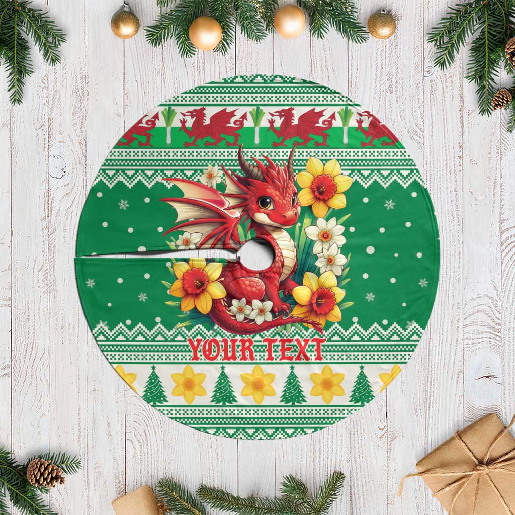 Personalized Wales Christmas Tree Skirt Cute Red Welsh Dragon and Daffodils - Wonder Print Shop